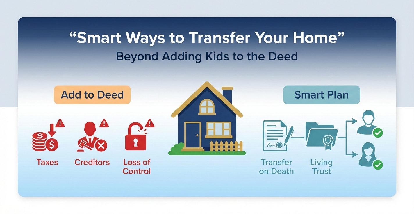 An infographic titled Smart Ways to Transfer Your Home compares the risks of adding children to a property deed with better estate planning options. The left side shows icons for higher taxes, exposure to creditors, and loss of control when adding someone to the deed. The right side highlights smarter alternatives such as using a Transfer on Death designation or creating a living trust, with illustrations of documents and beneficiaries. A house is centered between the two sections.
